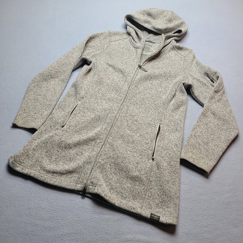 LL Bean Sweater Fleece Jacket Womens Medium Petite Gray Excellent Hooded